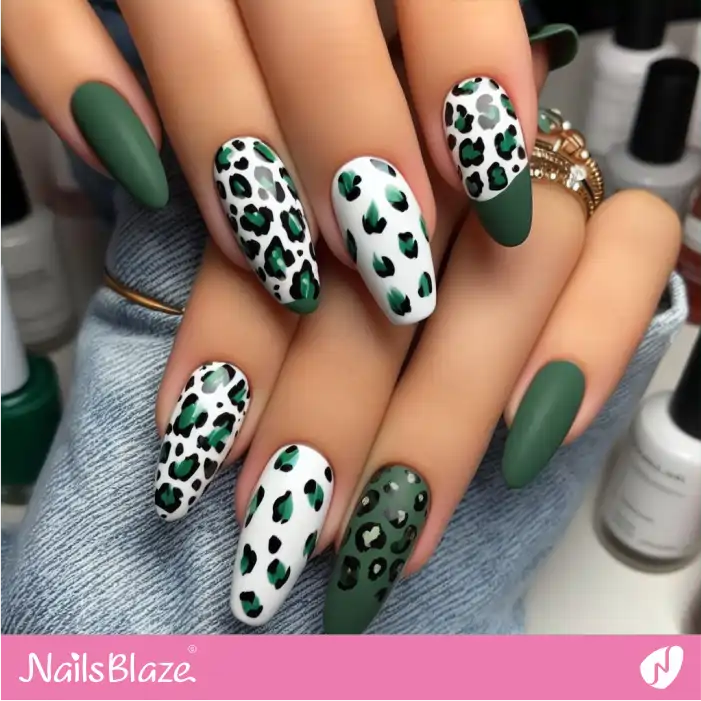 Green and White Leopard Print Nail Design | Animal Print Nails - NB2603